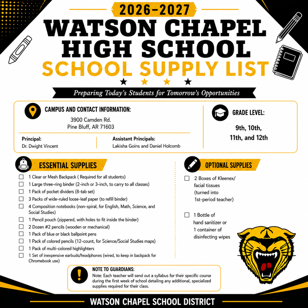 A list of school supplies needed for Watson Chapel High School. It includes essential and optional items.