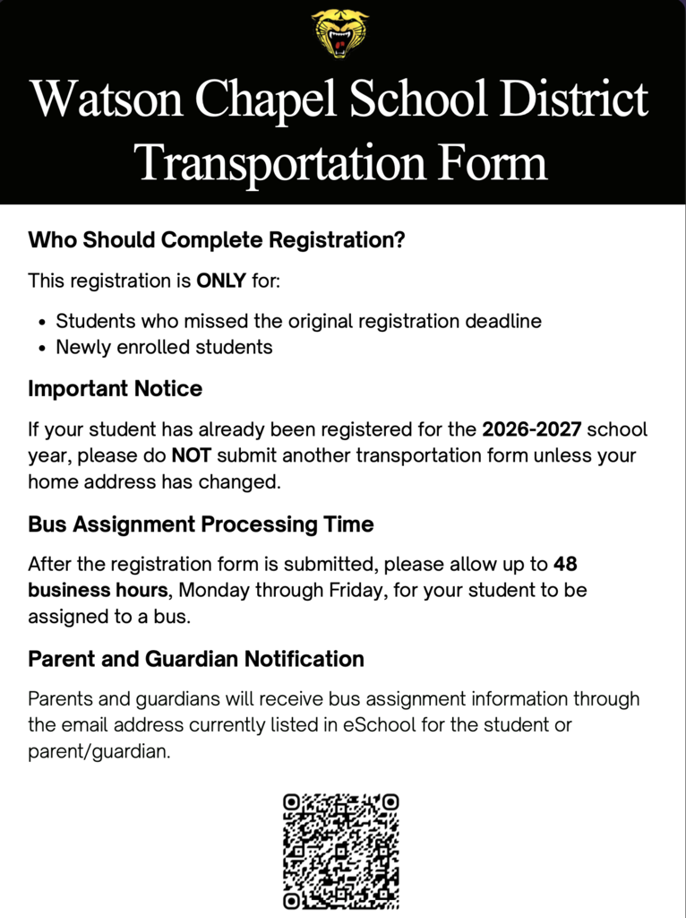 Black text on a white background displays "Watson Chapel School District Transportation Form" and instructions for filling it out.