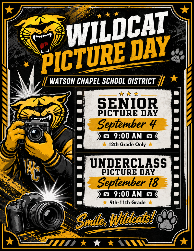 Poster shows Wildcat mascot with a camera. Text reads "Wildcat Picture Day". Senior day listed as September 4. Underclass day listed as September 18.