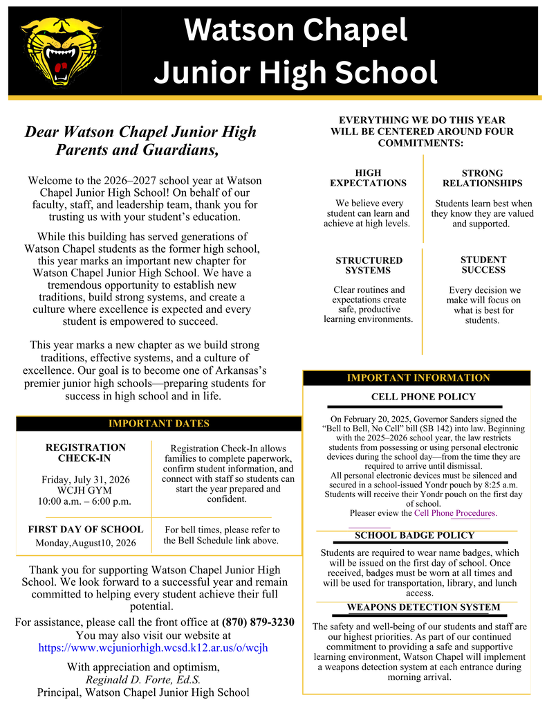 A document with "Watson Chapel Junior High School" at the top. It includes sections like "Welcome" and "Important Dates" and "Cell Phone Policy."