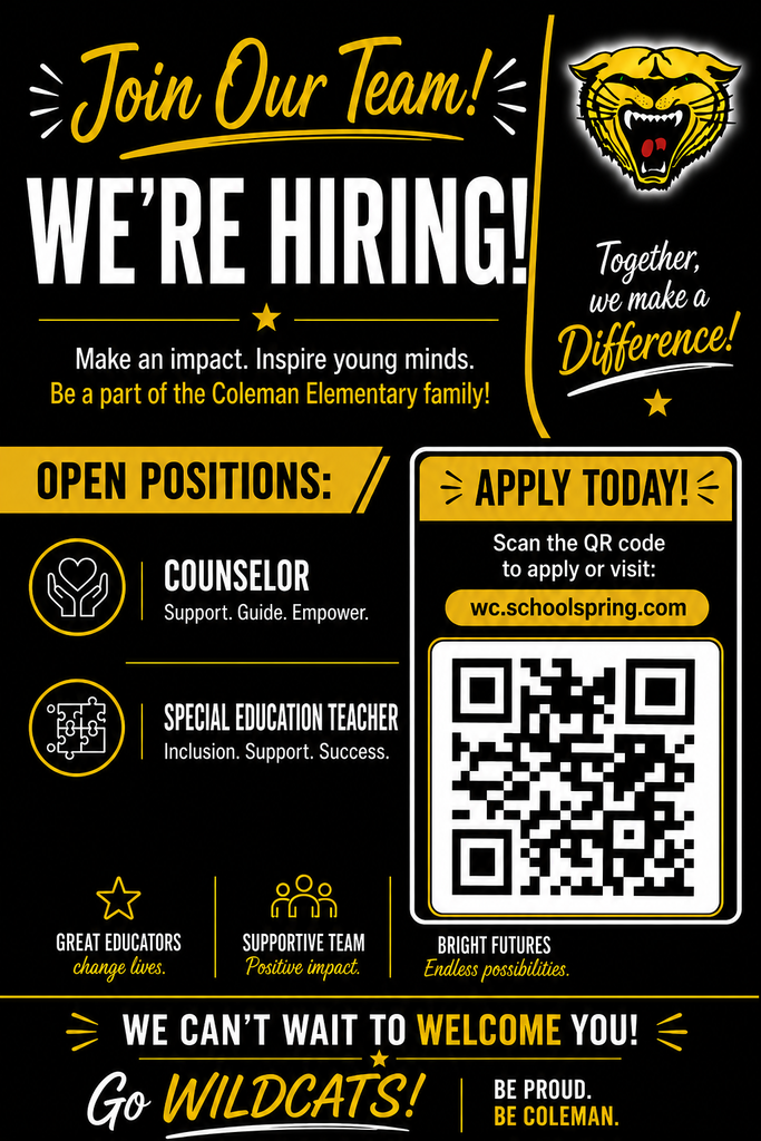 Poster with a black background and white text. It invites readers to join the team. It lists open positions for counselor and special education teacher.