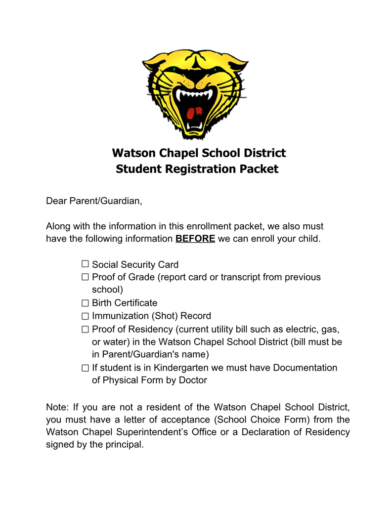 A registration packet from Watson Chapel School District asks for personal details and documents, including a birth certificate and immunization record.