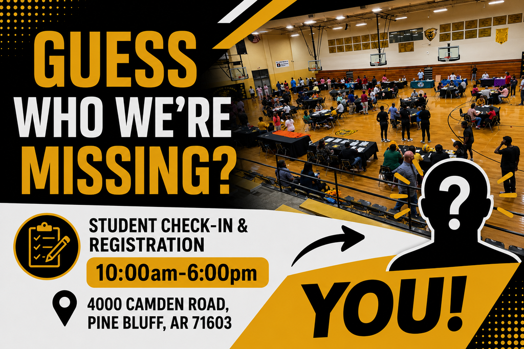 An event poster with a basketball court in the background. It reads, "Guess who we're missing?" and "Student Check-in & Registration".
