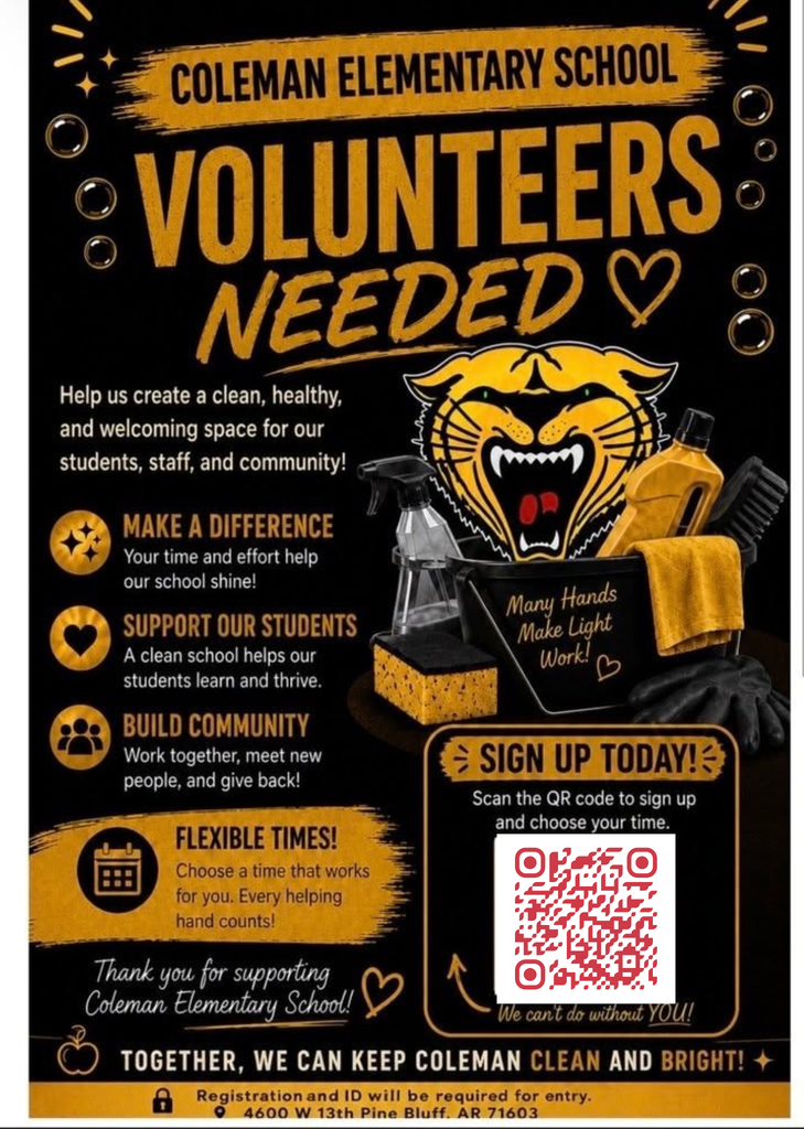 Black and yellow poster for Coleman Elementary School. It highlights volunteer opportunities, benefits, and a QR code for sign-up.