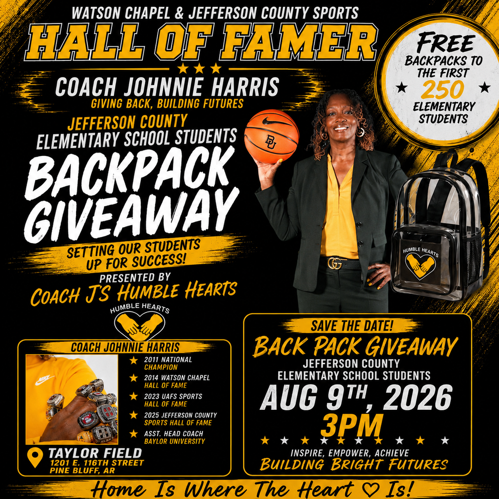 Flyer with an adult holding a basketball. It reads, "Backpack Giveaway" and "Hall of Famer Coach Johnnie Harris."