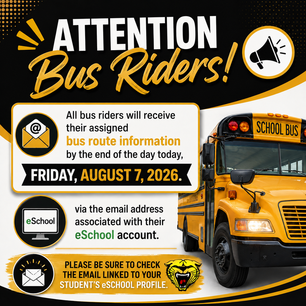 Advertisement for bus riders showing a yellow bus. Text highlights information about receiving bus route information by email.