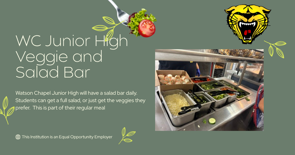 Green background, "WC Junior High Veggie and Salad Bar" text, lion mascot, salad bar with vegetables and dressings, leaves.