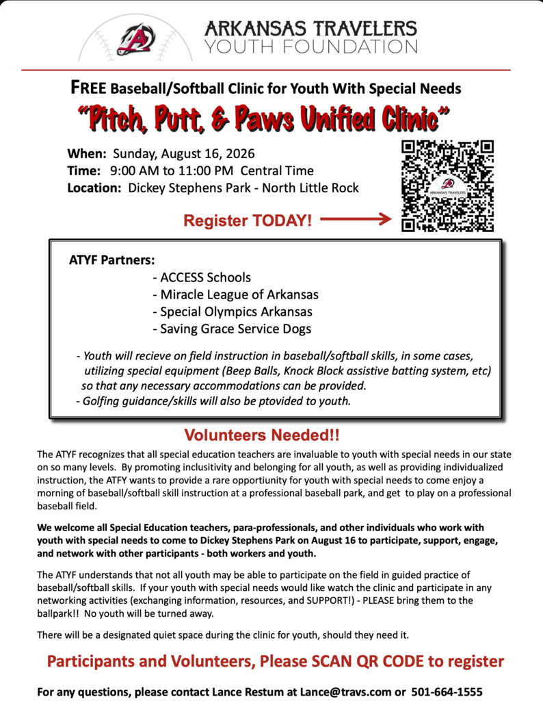 A flyer for the Arkansas Travelers Youth Foundation. It advertises a free baseball/softball clinic for youth with special needs. QR code and contact info provided.