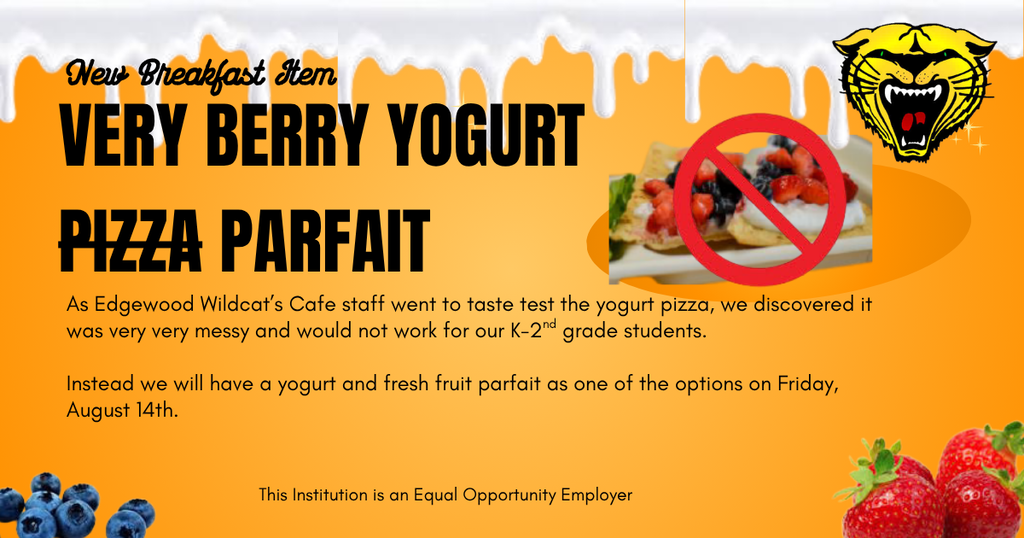 An advertisement for a breakfast menu with a crossed-out pizza. Text includes "Very Berry Yogurt Pizza Parfait."