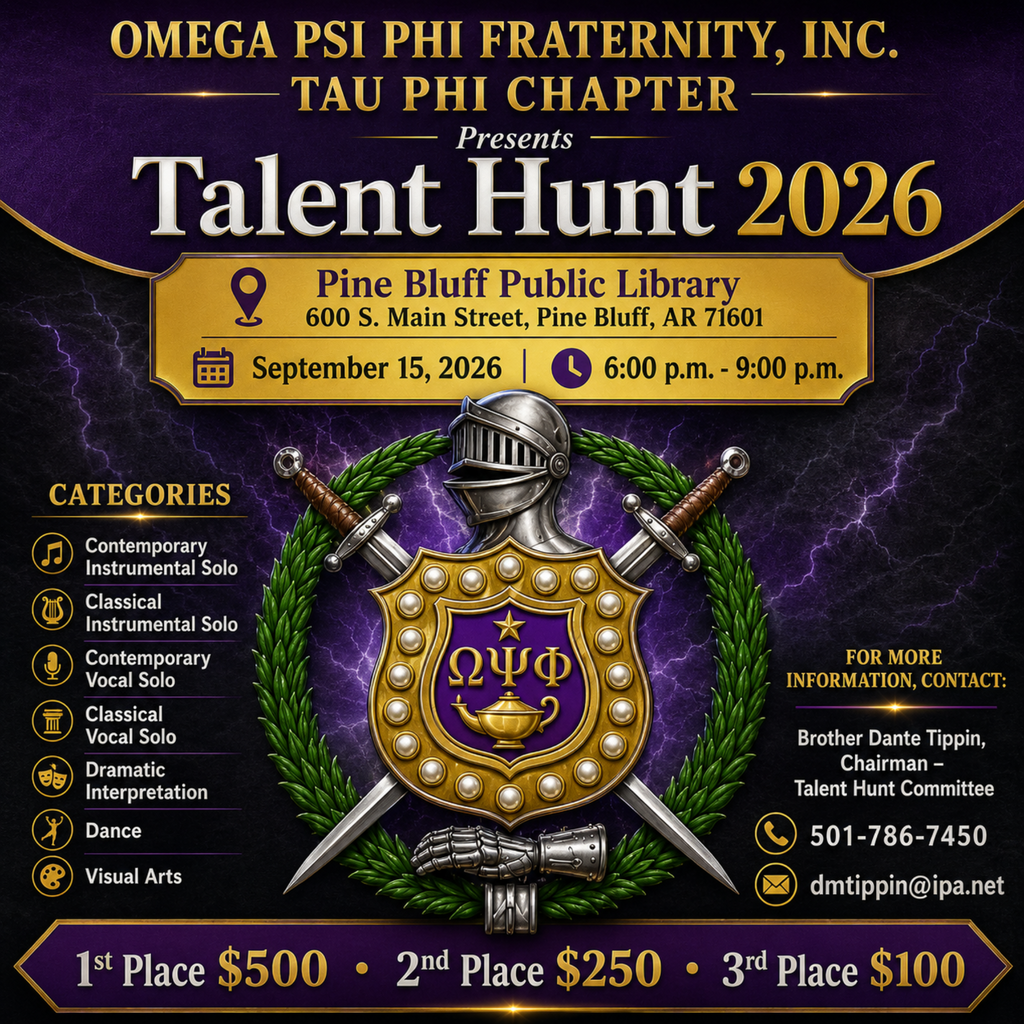 A poster advertises a talent hunt event by Omega Psi Phi Fraternity, Inc. TAU PHI Chapter. Details include location, date, and time.