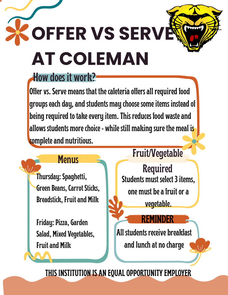 Bright flyer with "Offer vs Serve at Coleman" in bold at the top. Text below explains the cafeteria's food choice system.