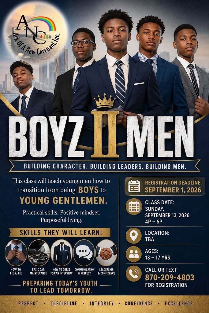 An advertisement features five men in suits and ties. The title reads "BOYZ II MEN". Details include date, skills and registration.