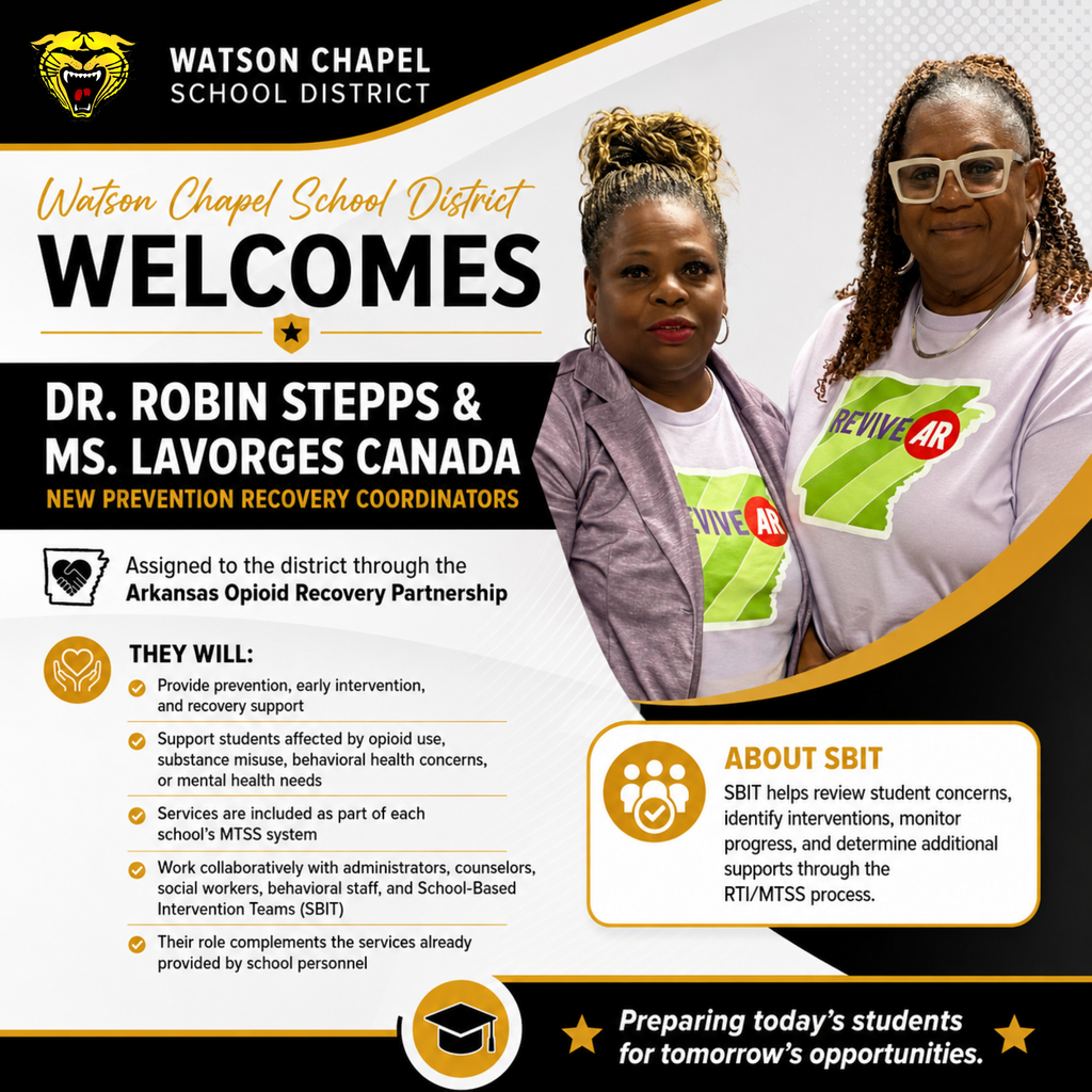 Advertisement for Watson Chapel School District with two women. One wears glasses, the other wears a green shirt.
