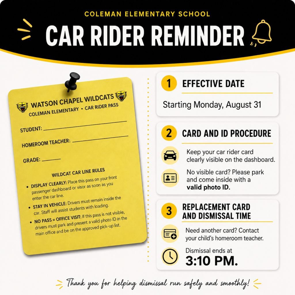 A flyer with a yellow car rider card shows reminders. It includes effective date, card procedure, and dismissal time.