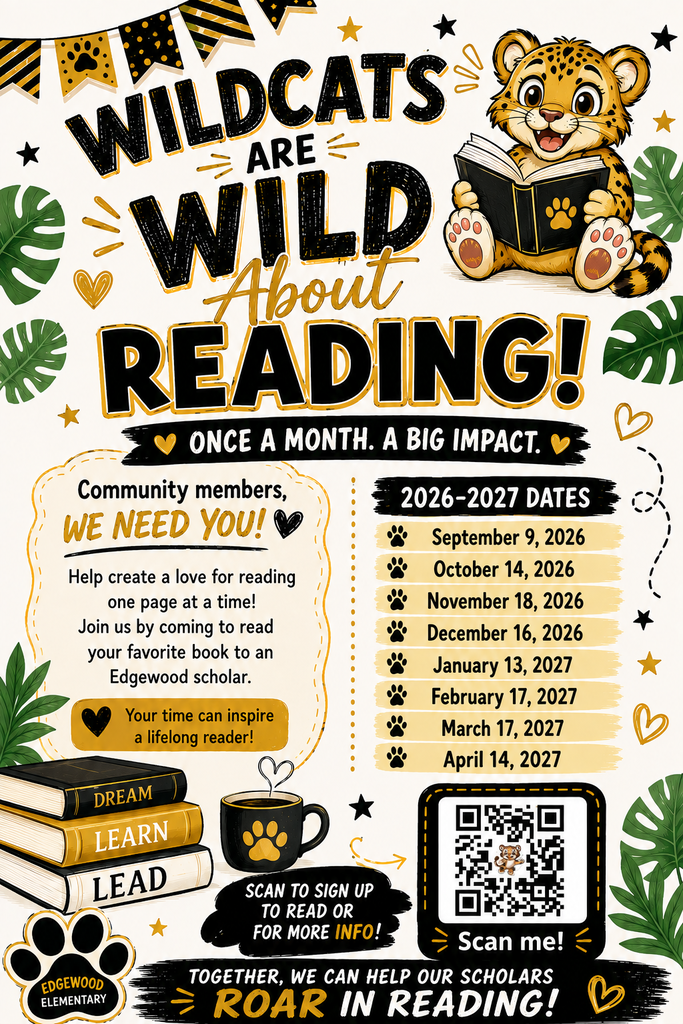 Poster displays "Wildcats are Wild About Reading" with a tiger cub reading, books, a cup, paw prints, and QR code.