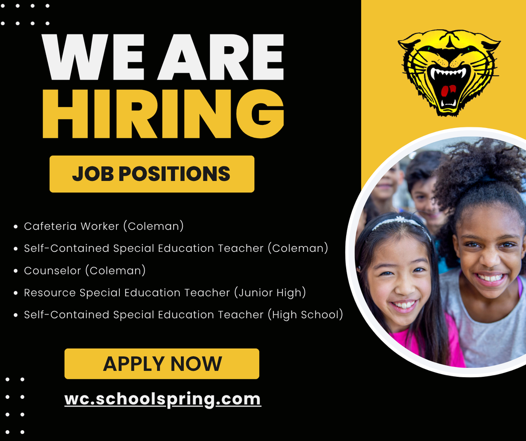 Black and yellow flyer with a tiger logo. Text reads "We Are Hiring". Below, job positions are listed. Smiling children in the foreground.