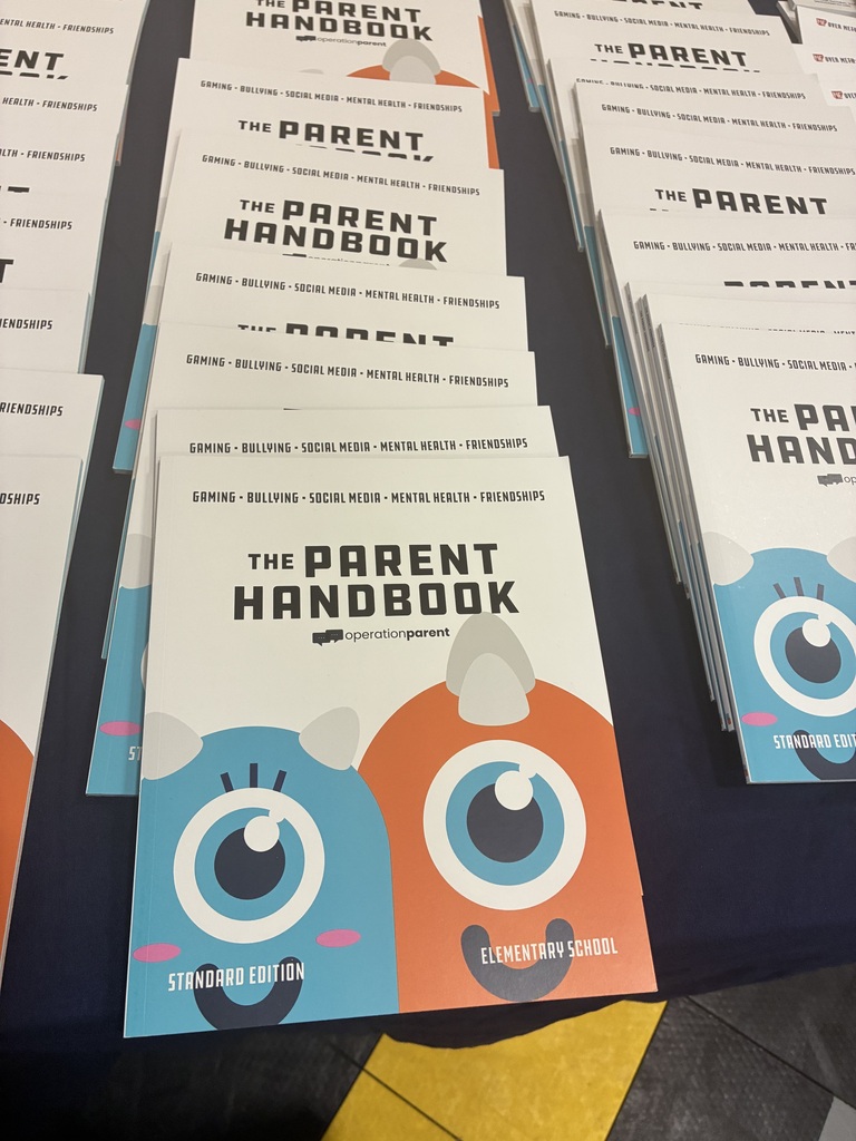 A table displays multiple copies of a book titled "The Parent Handbook". Each book cover features an illustration of a large eye.