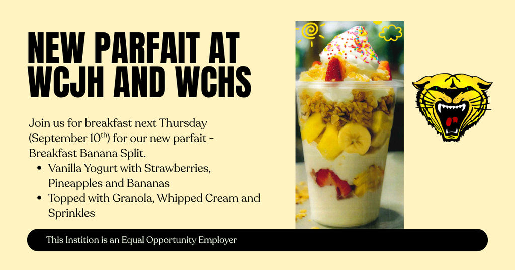 A poster for a new parfait includes a dessert with yogurt, fruit, and toppings, and a logo.
