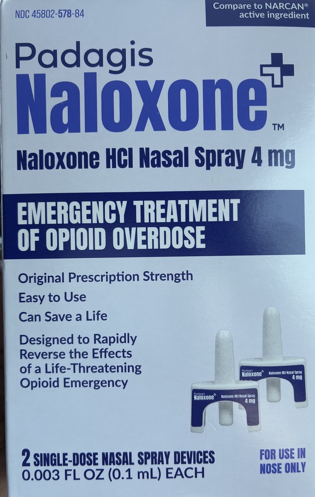 Box of Padagis Naloxone HCl Nasal Spray, 4 mg. Two single-dose nasal spray devices, 0.003 fl oz (0.1 ml) each.