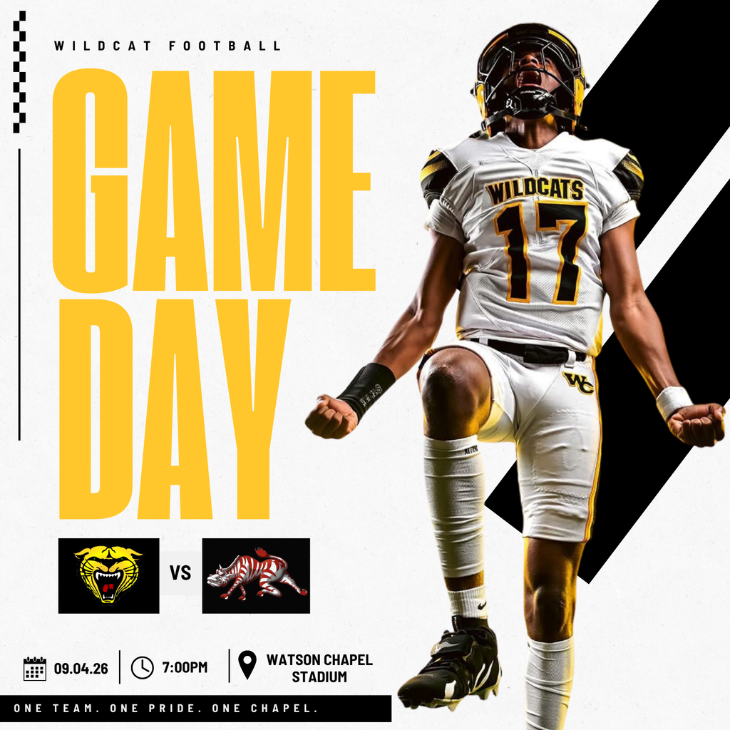 A football player in a Wildcats uniform jumps into a kick, with text on the poster reading "Game Day" and a date.