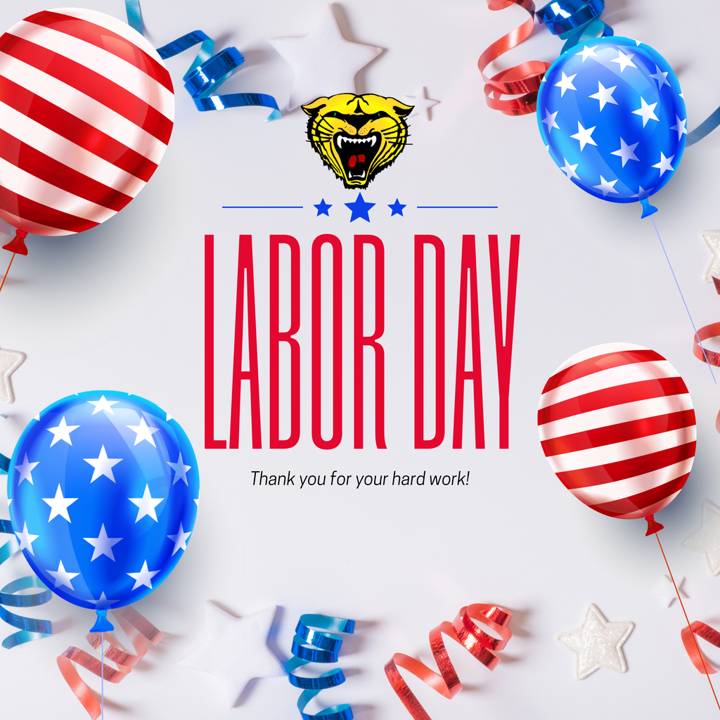 Multiple red, white, and blue balloons, stars, and ribbons surround a banner that reads "LABOR DAY" and a logo.