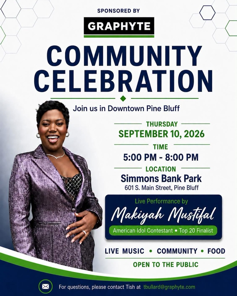 Event poster with woman smiling, purple suit, white background, event name, date, time, location, sponsor, and live music.