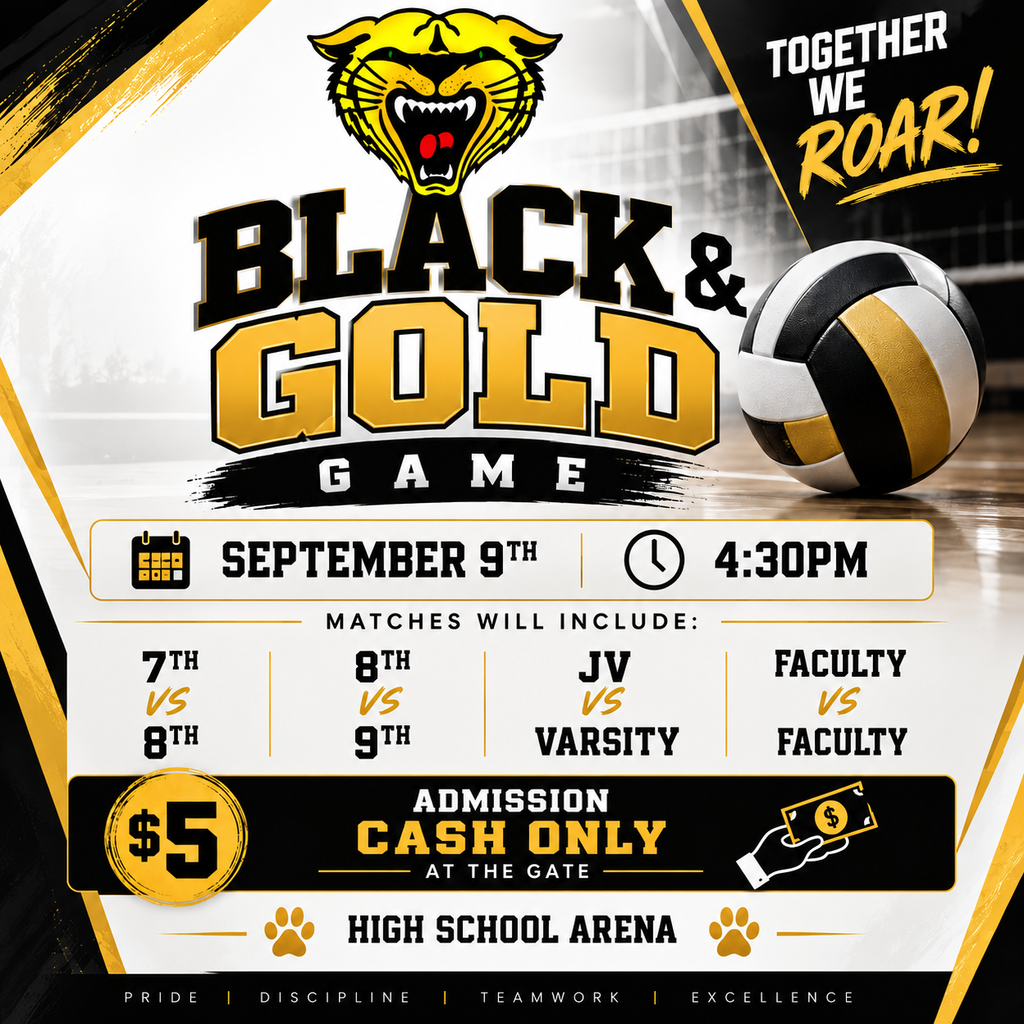 Black and gold flyer with a lion's face. Matches include varsity, JV, and faculty. Admission is cash only.