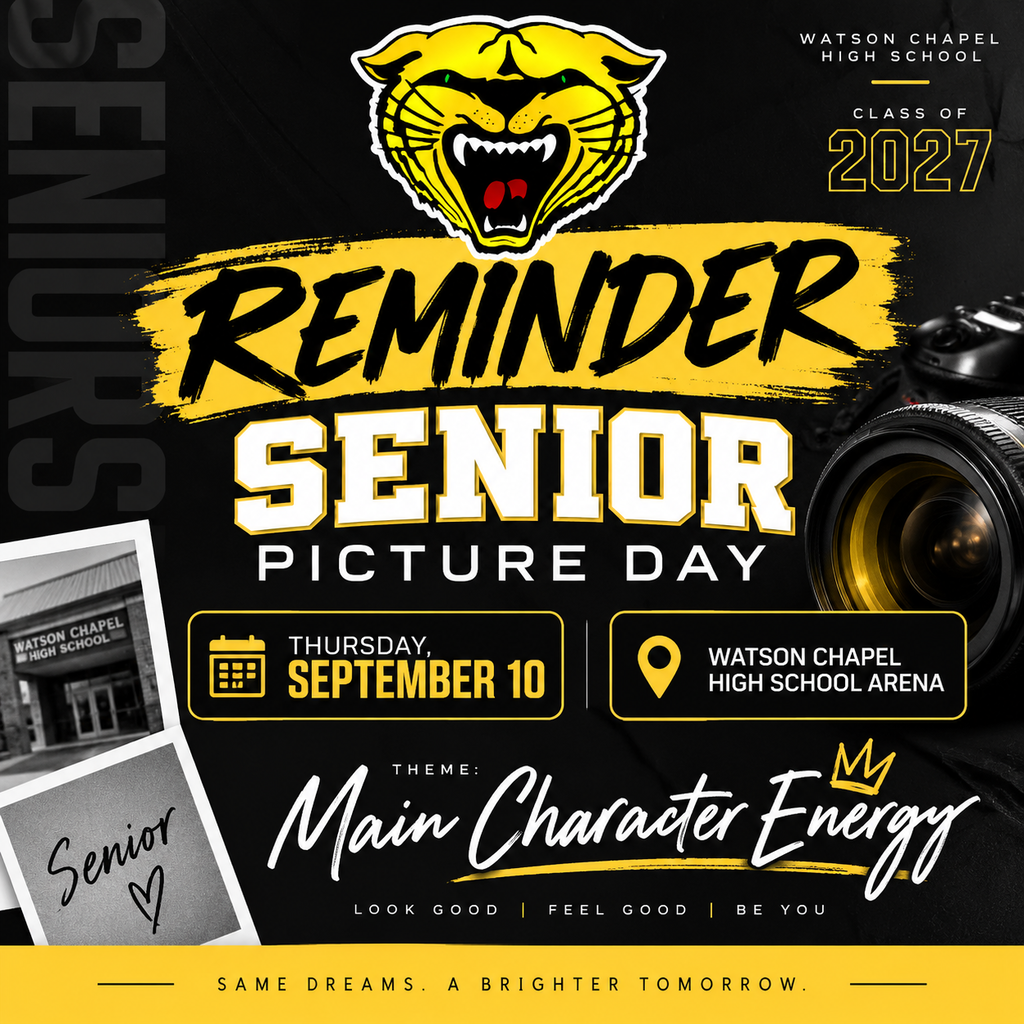 A flyer with a tiger logo, "Reminder Senior Picture Day" in yellow font, "September 10" in white, a building image, and a crown symbol.