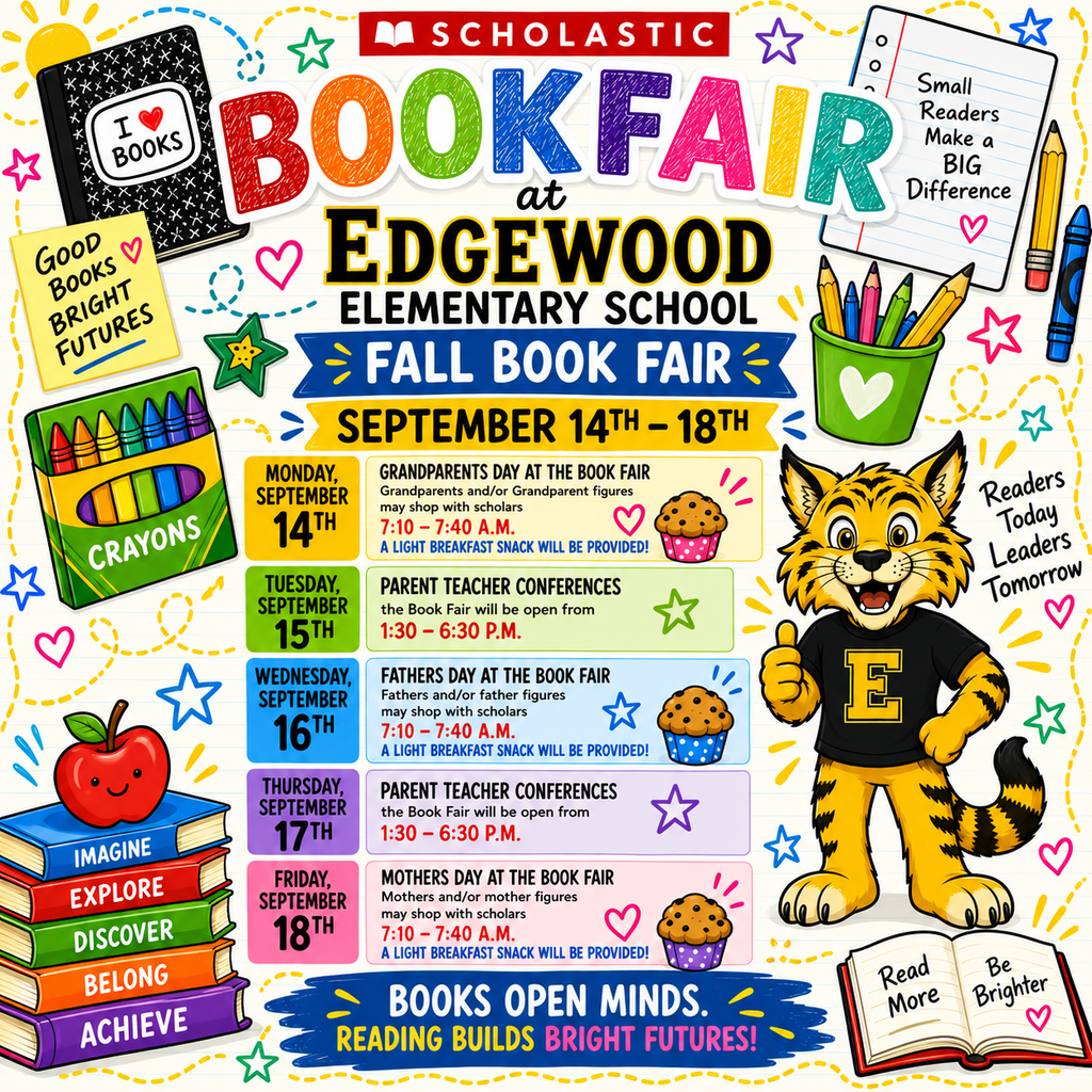 An announcement for the Fall Book Fair at Edgewood Elementary School from September 14 to 18.