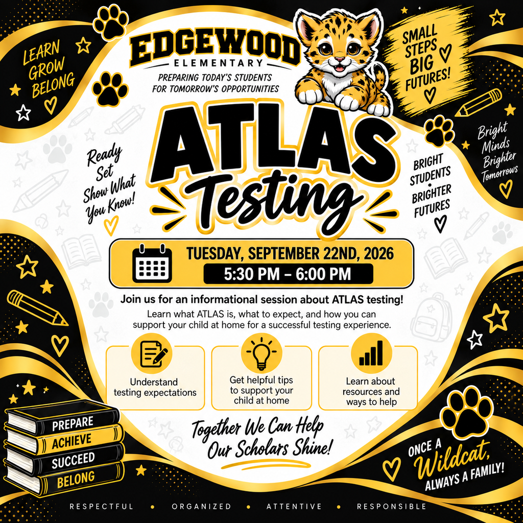 Event flyer with a golden cat, a calendar, and a clock. It reads "Atlas Testing" and "Edgewood Elementary".