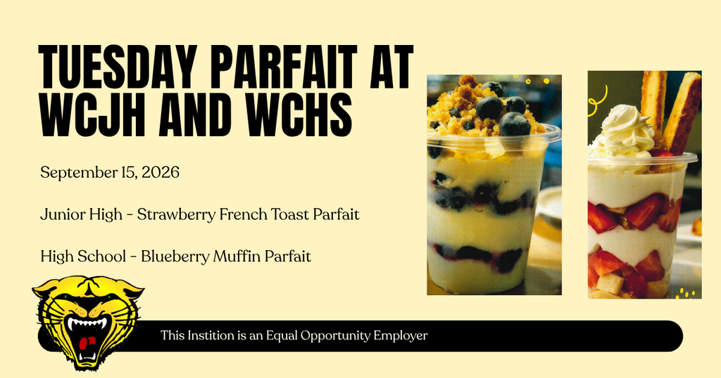 An advertisement for a Tuesday Parfait at two schools. There are two images of parfaits. One has berries and French toast. The other has berries and muffin.
