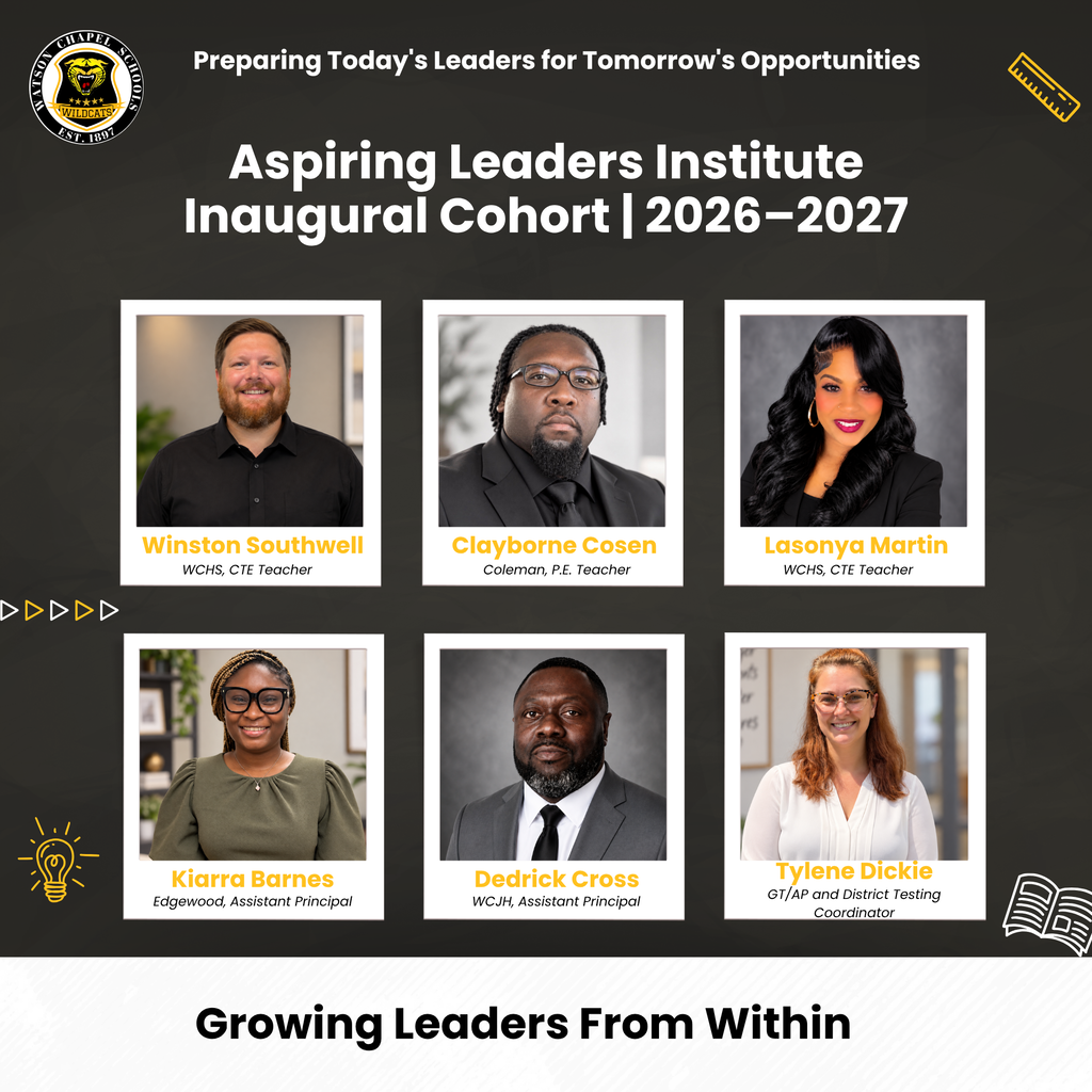 Black background with seven photos of educators. At the top, "Aspiring Leaders Institute Inaugural Cohort | 2026-2027" and "Growing Leaders From Within".