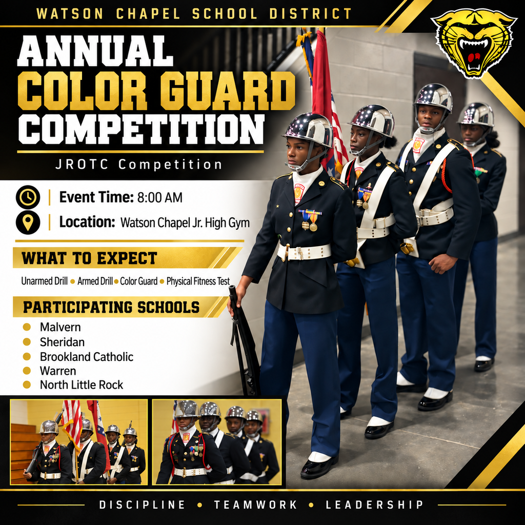 Banner for Annual Color Guard Competition. Five uniformed individuals in front of a building, with a black background.