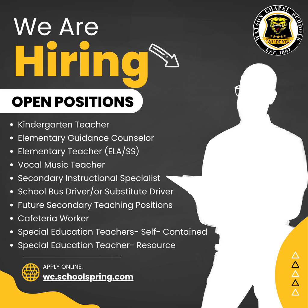 A black and white recruitment ad lists positions for kindergarten teacher, elementary guidance counselor, and more. It includes an arrow pointing down.