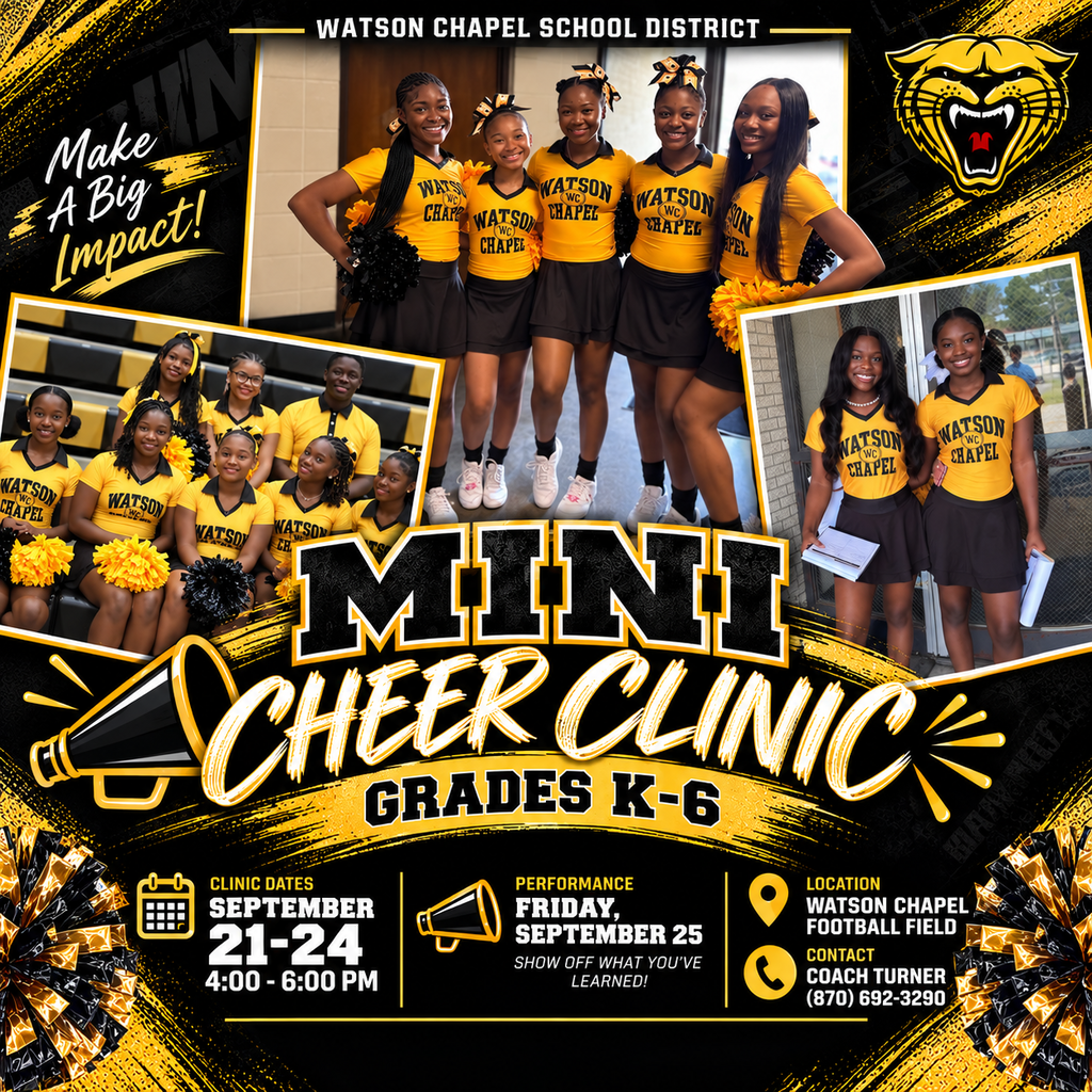 A black and yellow poster featuring cheerleaders in yellow shirts and skirts. The text reads "Mini Cheer Clinic Grades K-6."