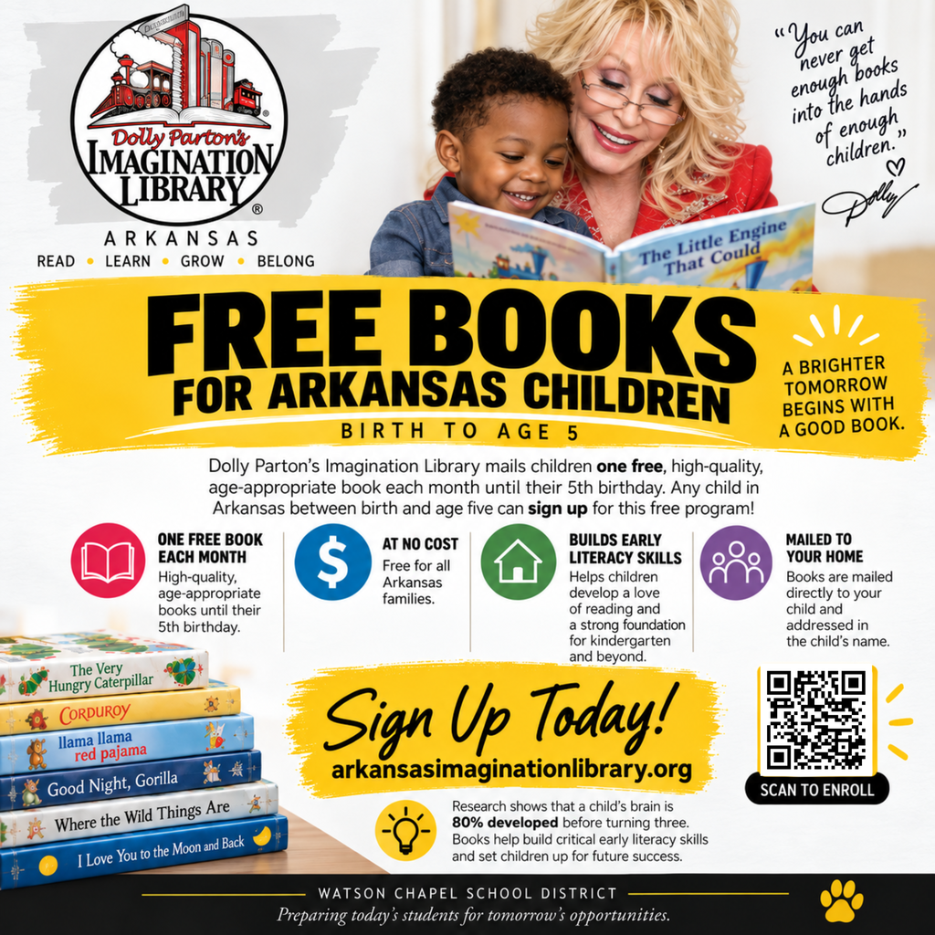 Flyer with colorful design and text "Free Books for Arkansas Children". A woman and a child reading a book.