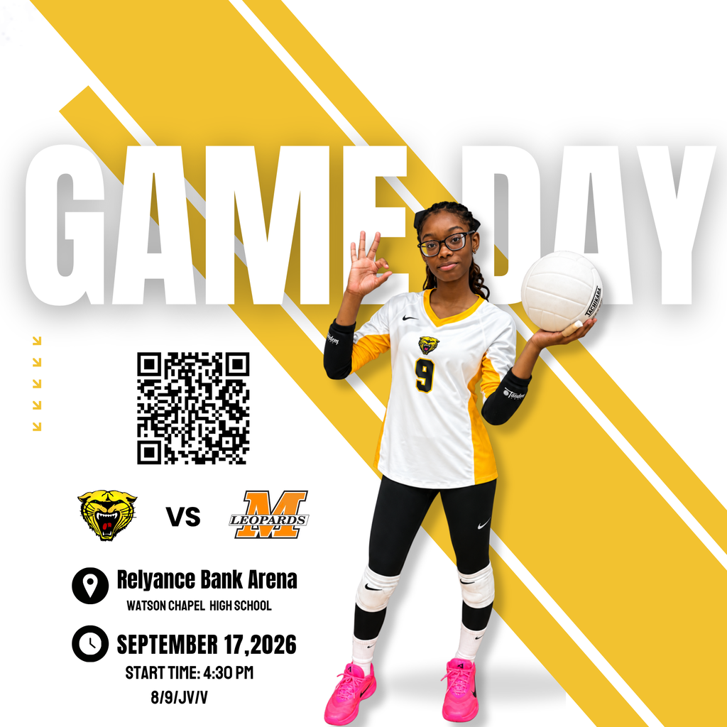 Poster shows a volleyball player in uniform, holding a ball, with text "Game Day" and details: Reliance Bank Arena, September 17, 2026, start at 4:30 PM.