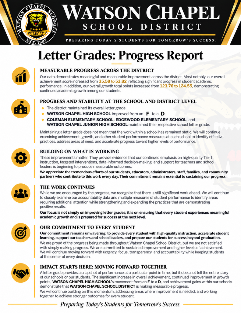 Watson Chapel School District report on letter grades. Sections titled "Progress and Stability" and "Commitment to Every Student" with icons.