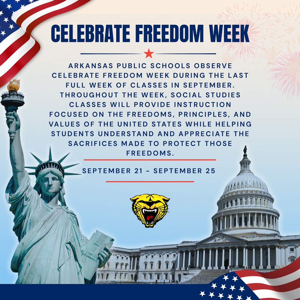 Poster featuring the Statue of Liberty, Capitol Building, and flags. Text reads, "Celebrate Freedom Week: September 21-25".