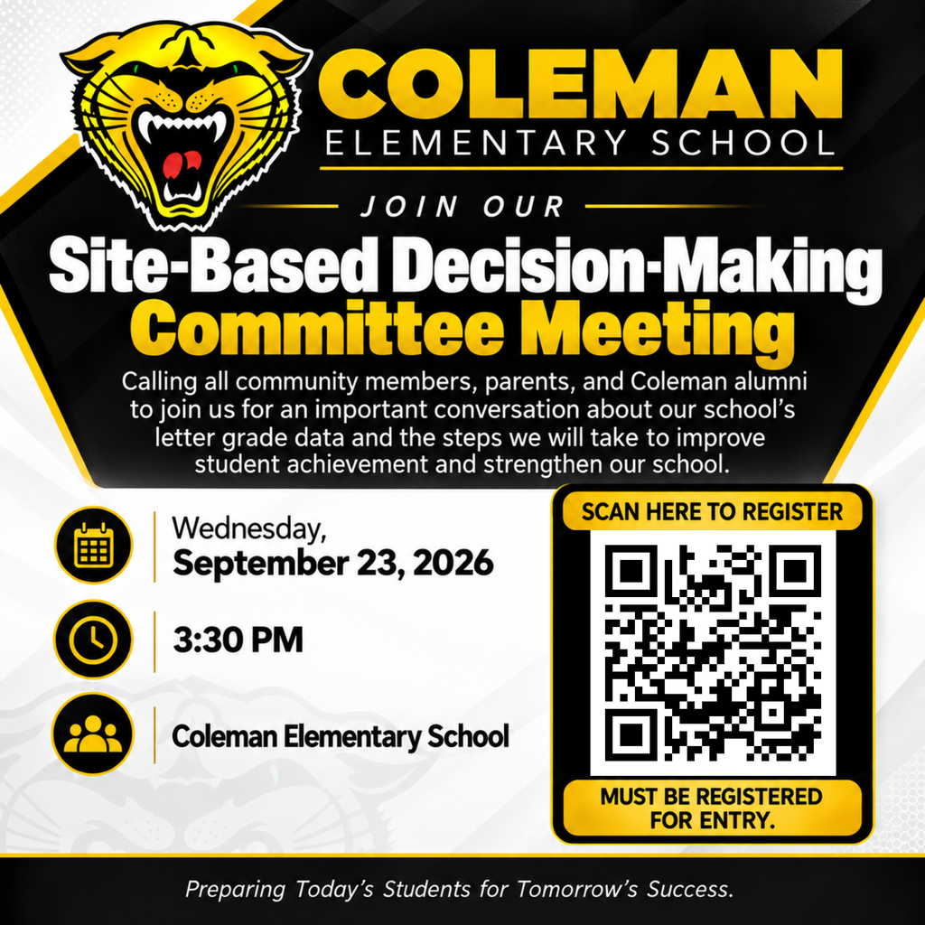 Invitation to join the Coleman Elementary School site-based decision-making committee meeting on September 23, 2026, at 3:30 PM. Registration required.