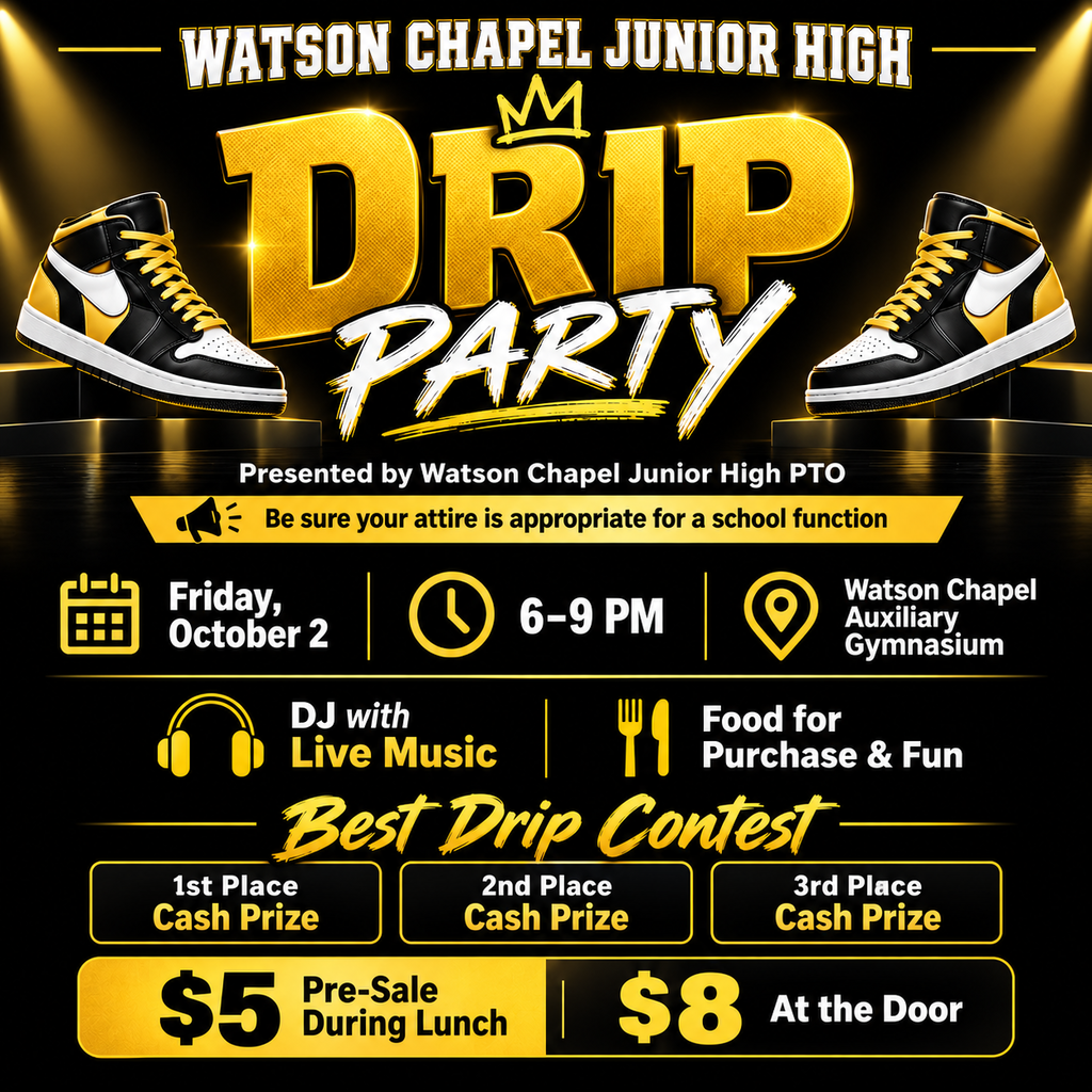A poster for a Drip Party by Watson Chapel Junior High PTO. It includes details for a live music event and food for purchase.