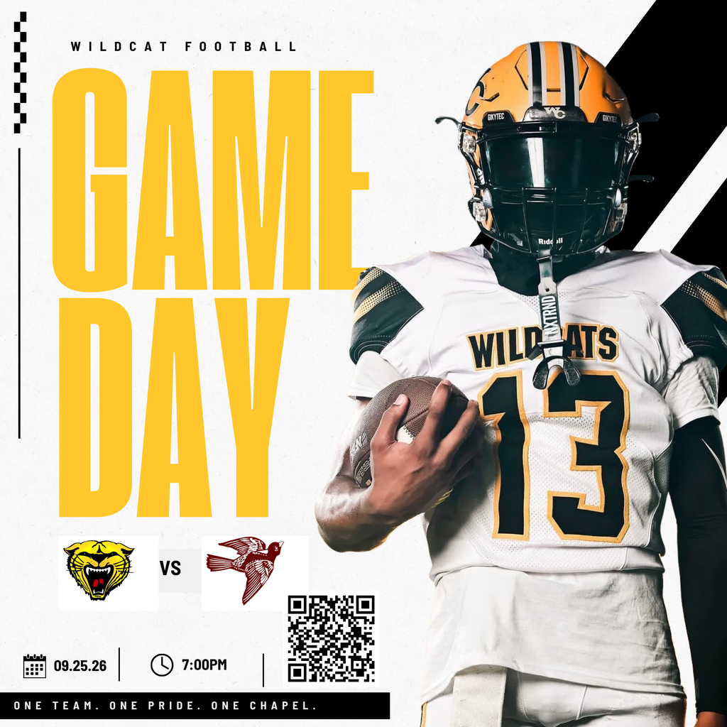 Poster with a football player in a white and yellow jersey with "Game Day" and "Wildcats 13". Logos of opposing teams.