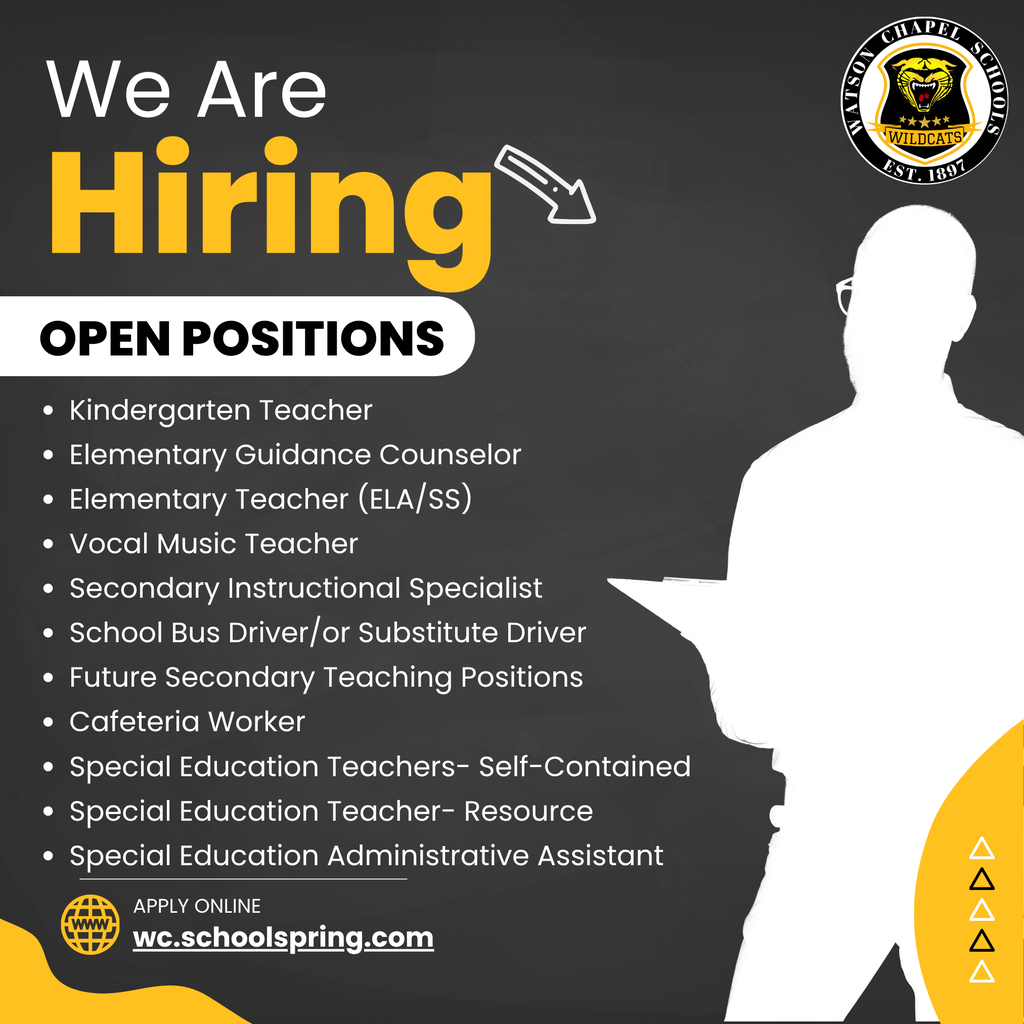 Hiring ad for various teaching and school positions, including special education, school bus driver, and cafeteria worker.