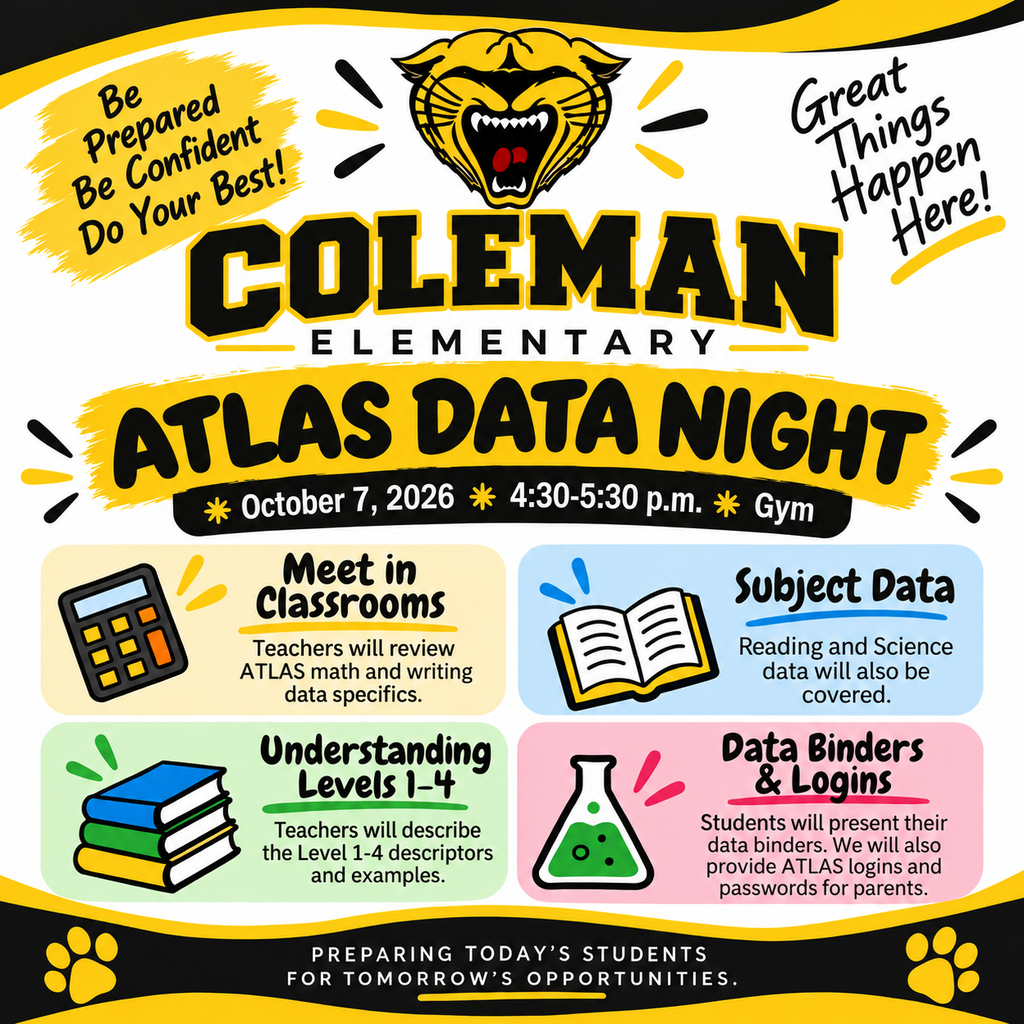 Flyer for Coleman Elementary's Atlas Data Night on October 7, 2026, from 4:30-5:30 PM in the gym. Includes calculator, books, and a beaker.