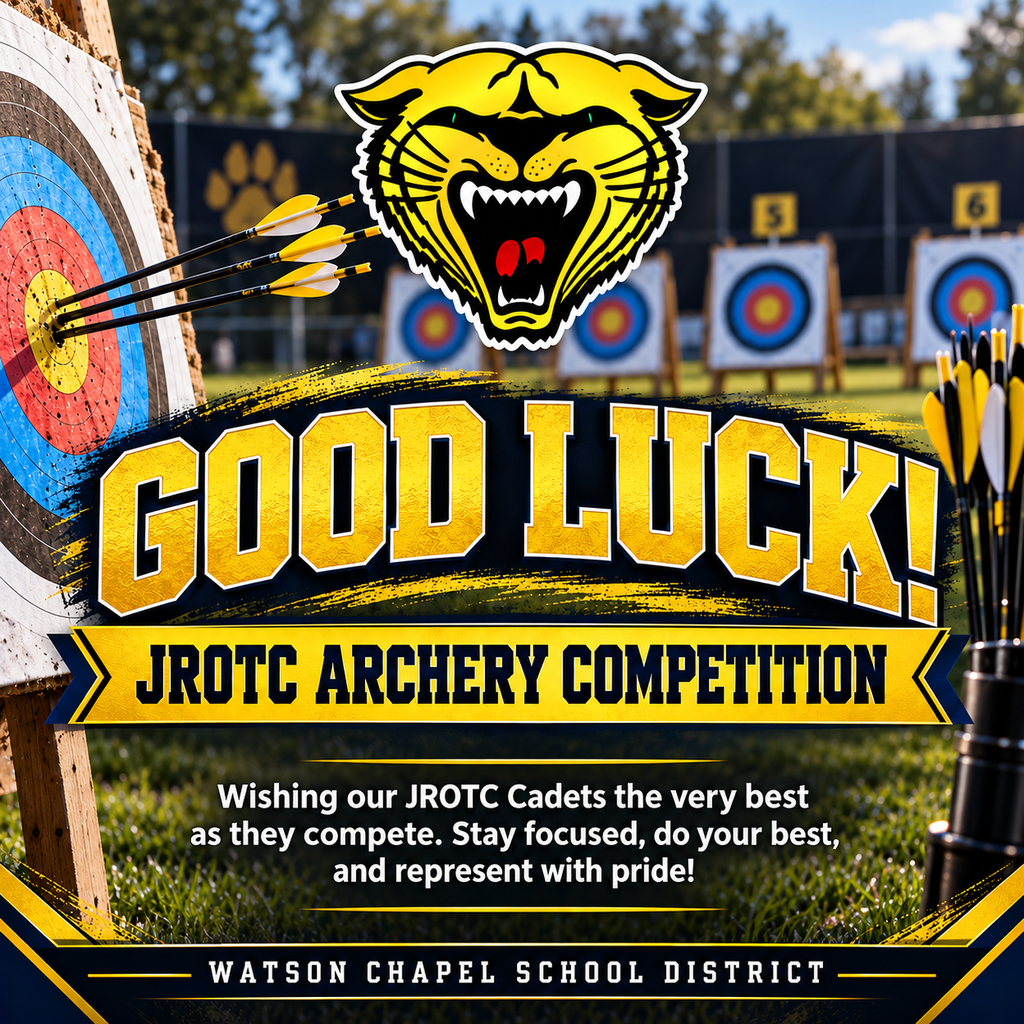 Outdoor archery targets with arrows, a tiger logo, and a bold "Good Luck!" message for a JrOTC archery competition.