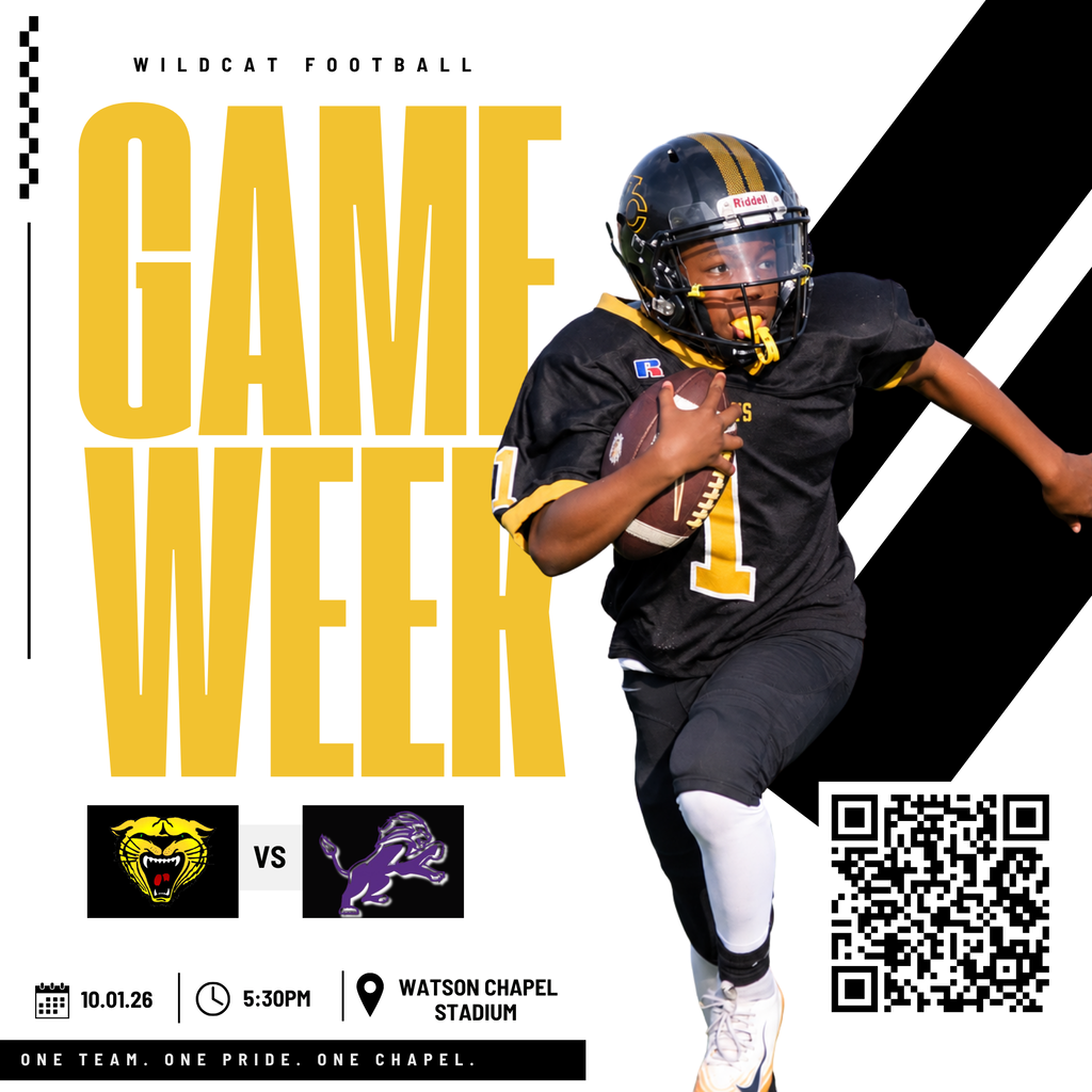 A poster with bold text "GAME WEEK" above a football player in action. It includes a helmet, jersey, and ball. Logos and a QR code are below.