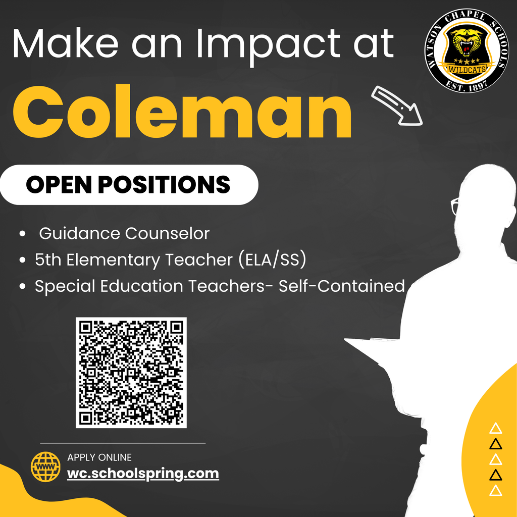 An ad with a black background displays job opportunities at Coleman. Positions listed are guidance counselor, 5th grade teacher, and special education teachers.