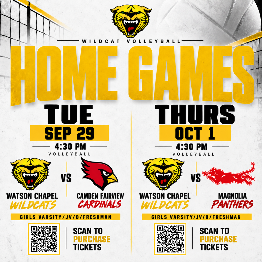 Poster with two match schedules, featuring teams Watson Chapel Wildcats and Camden Fairview Cardinals, and Watson Chapel Wildcats and Magnolia Panthers.