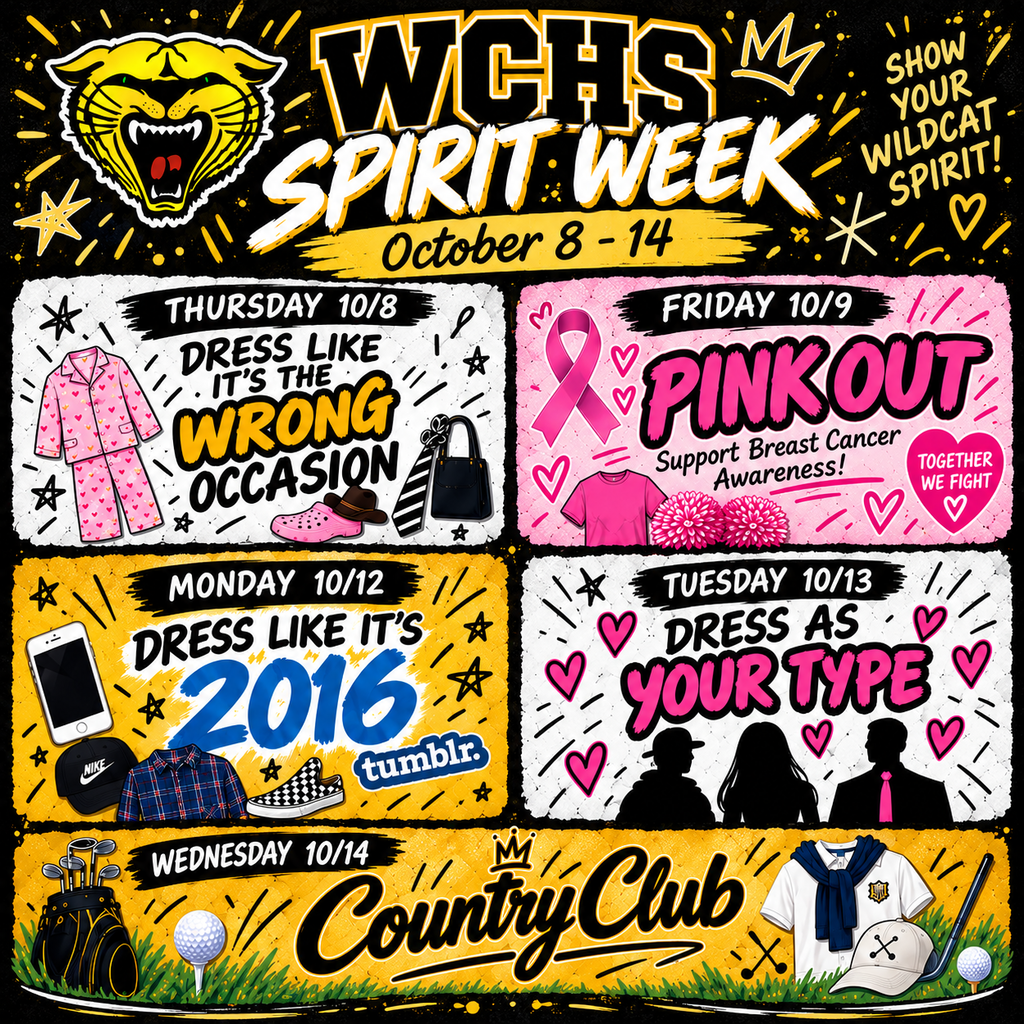 Poster with four events for Spirit Week. Events include Dress Like It's 2016, Pink Out for Breast Cancer, Dress as Your Type, and Country Club.