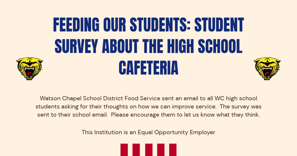 A poster with white background. Text: "Feeding our students: Student survey about the high school cafeteria". Two lion logos.